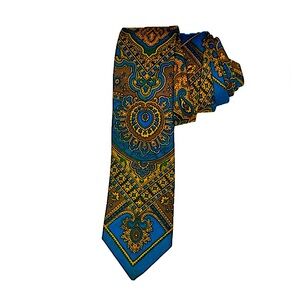 Oleg Cassini vintage silk tie, bold paisley in blue, brown & gold, narrow tie